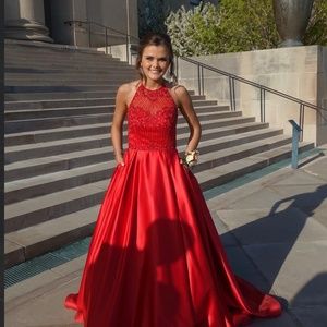 Stunning red sherri hill ballgown or prom dress with detailed torso with pockets